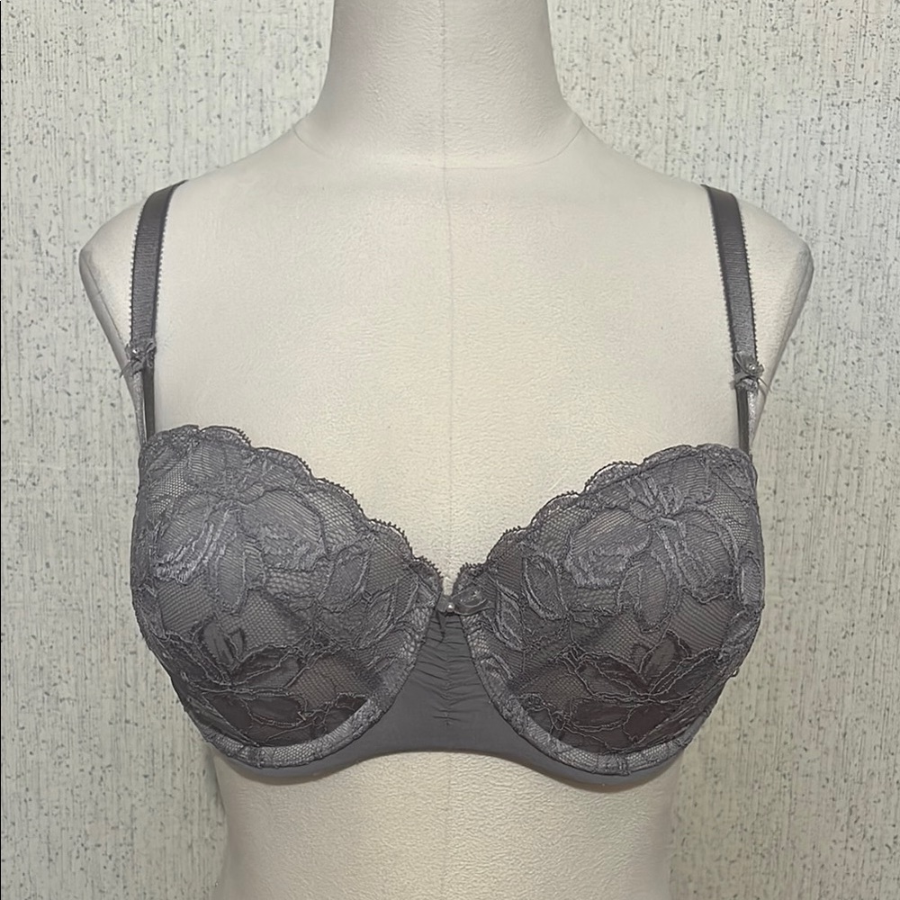 Victoria’s Secret 34D, Gray Lace Balconet Bra with Scalloped Edges